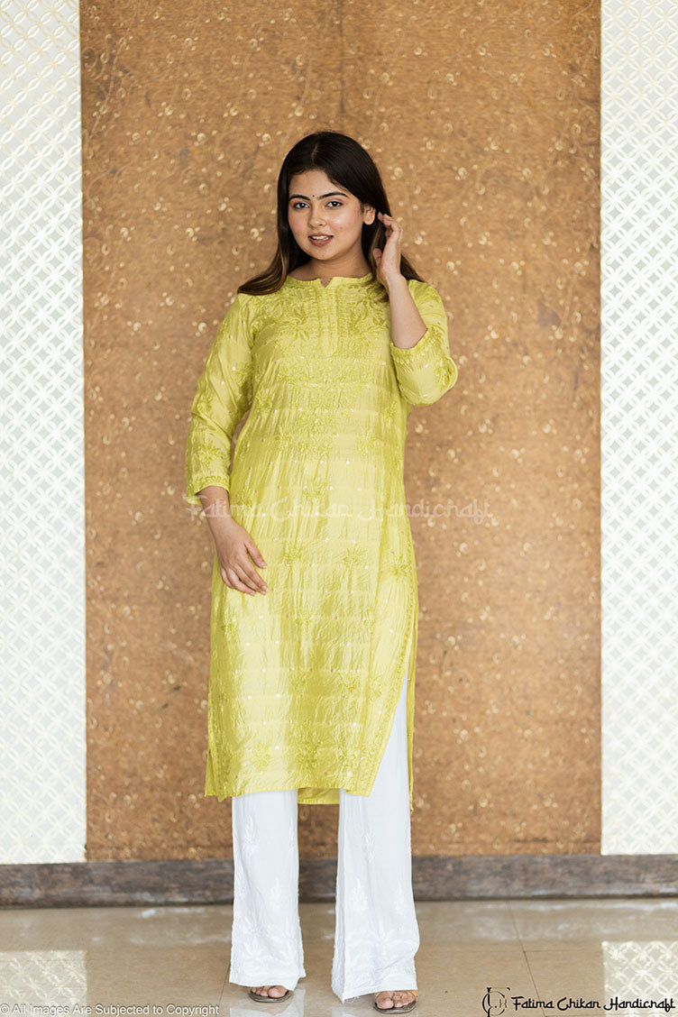 Kurti with golden block print on parrot green silk. It's beautiful. | Green  silk, Color combinations, Dress